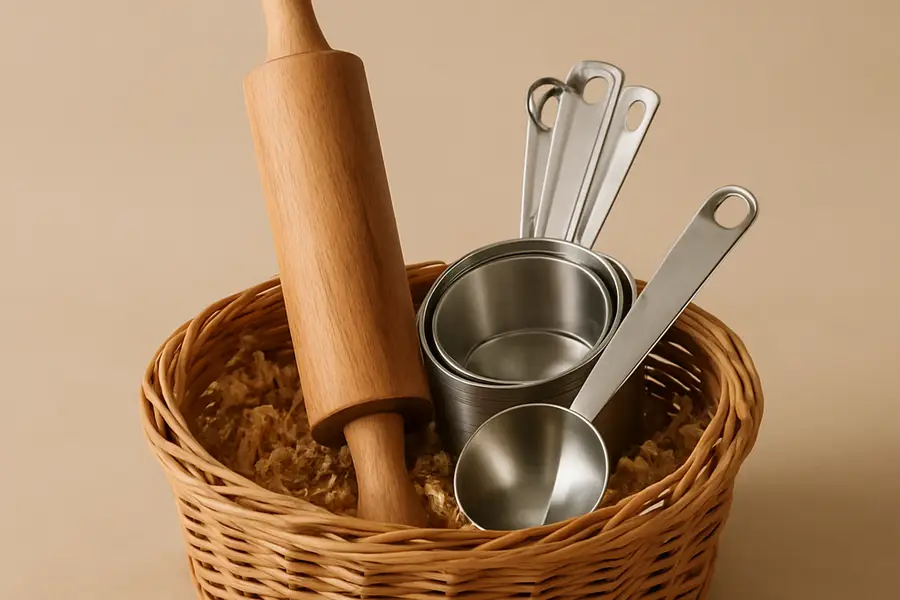 Editorial photograph of baking tools including a rolling pin and measuring cups arranged in a basket