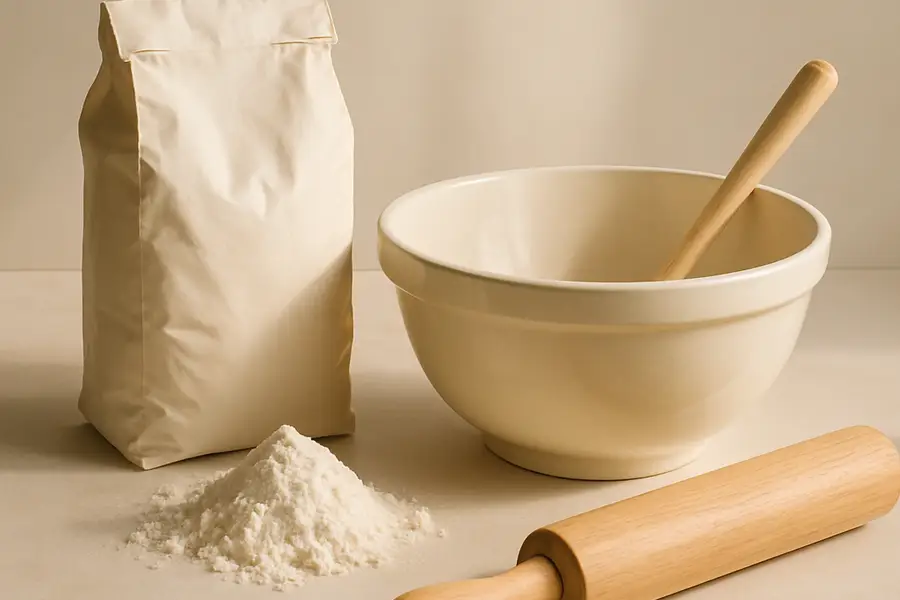 Editorial photograph of a warm kitchen counter set up for a home baking project