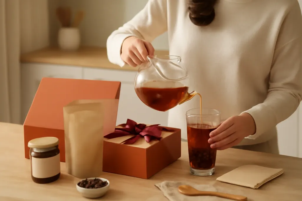 AI-generated editorial photograph (not the exact listing) of tea, tapioca pearls and reusable straws arranged as a gift