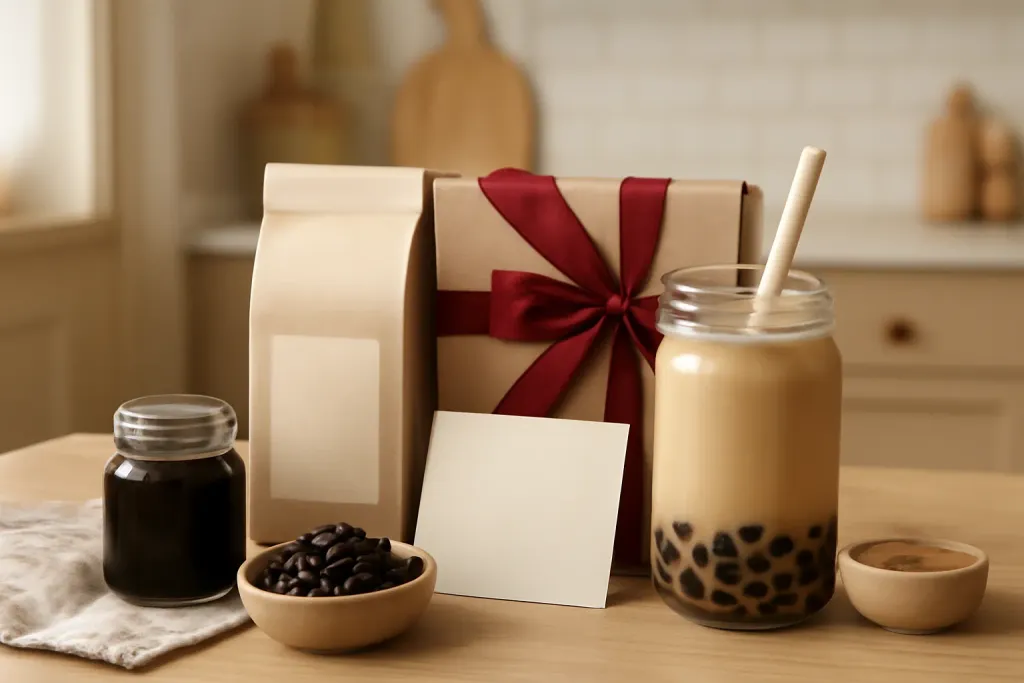 AI-generated editorial photograph (not the exact listing) of a glass of iced milk tea with dark pearls and a wide straw