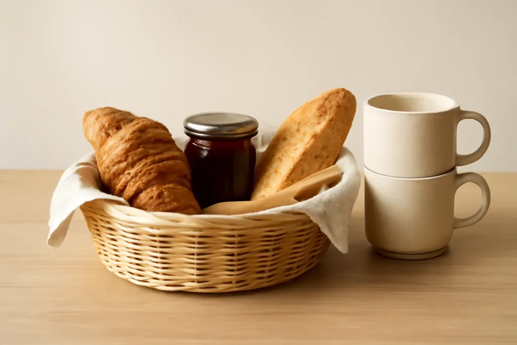 Editorial photograph of a cozy breakfast gift basket for couples with pantry treats and two mugs