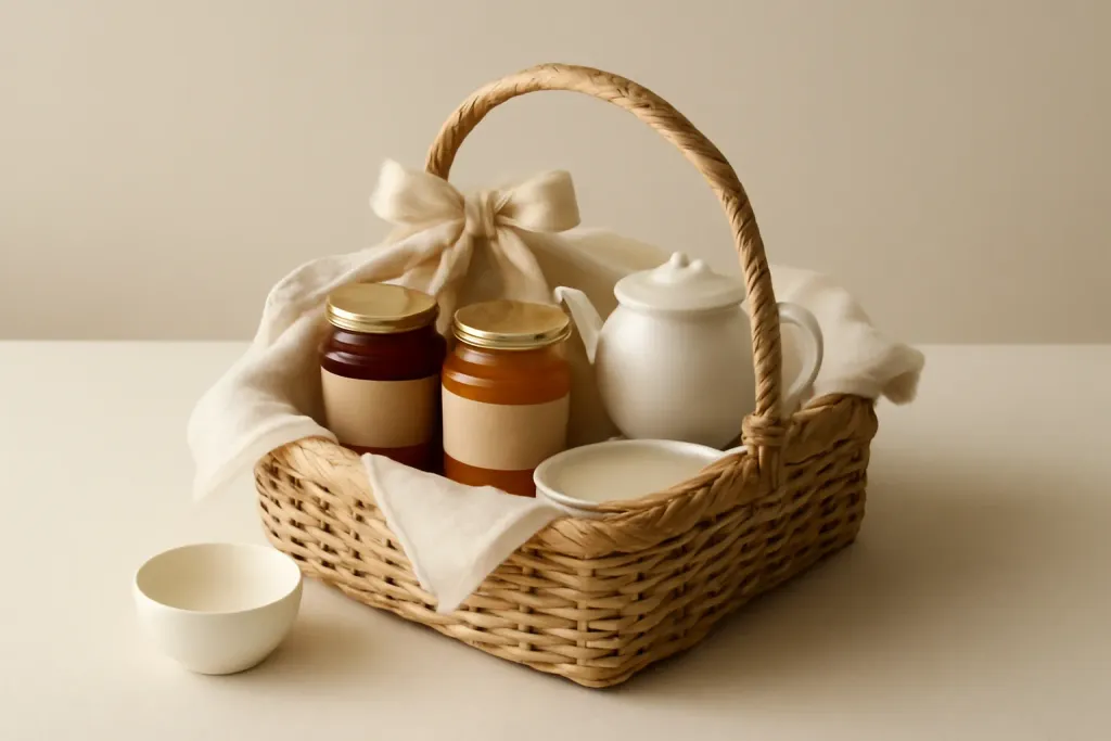 Editorial photograph of a curated brunch gift basket with preserves, a tea set, and serving accessories