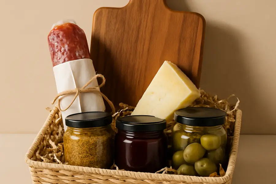 Editorial photograph of a charcuterie-style gift basket with a wooden board and jarred items