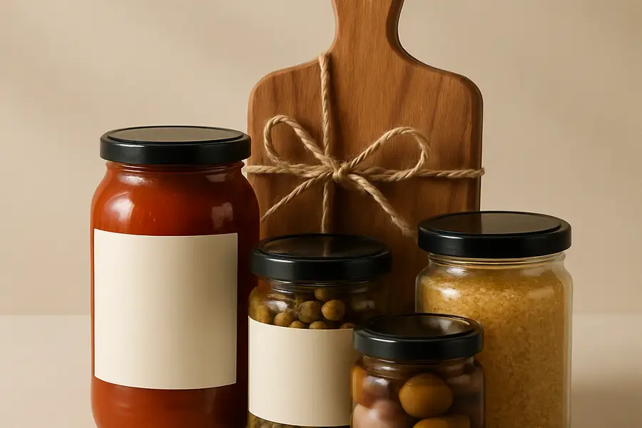 Editorial photograph of gourmet pantry jars and a serving board arranged for gifting