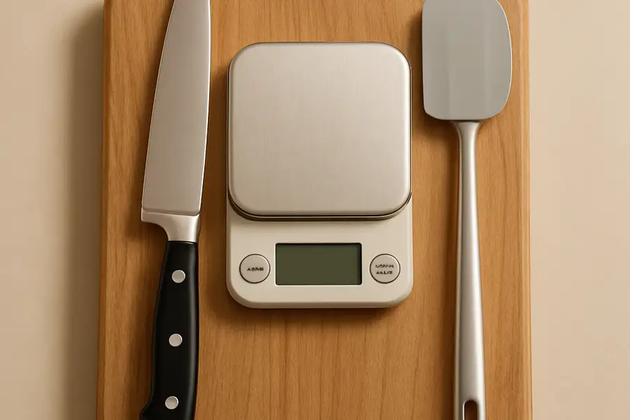 Editorial photograph of chef-style kitchen tools arranged on a cutting board