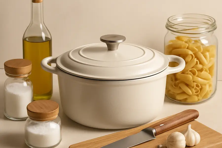 Editorial photograph of a warm kitchen scene set up for serious home cooking
