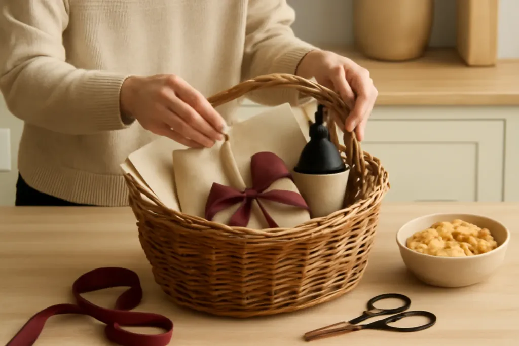 Editorial photograph illustrating How to Build a Basket That Feels Thoughtful from the Chocolate Baking Gift Basket guide