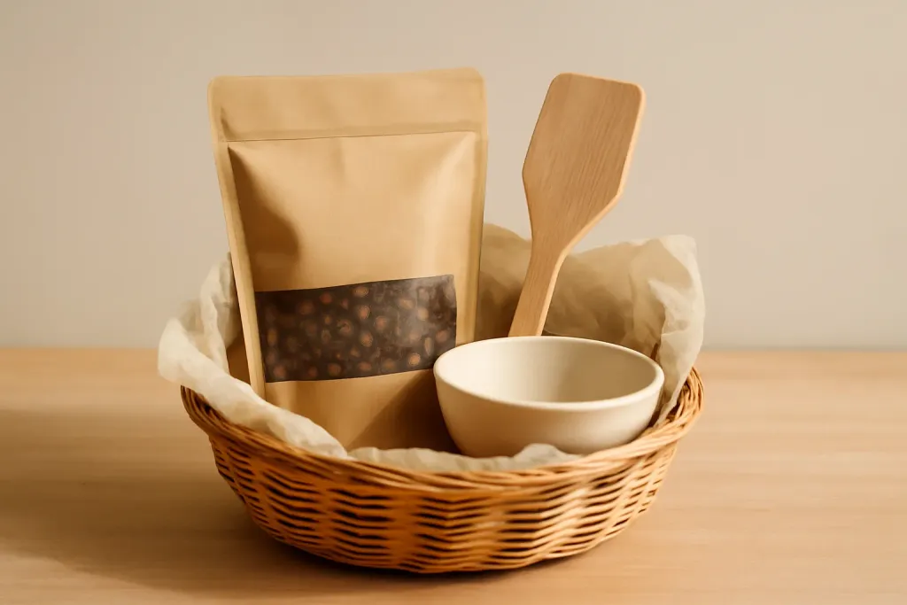 Editorial photograph of a chocolate baking gift basket with baking mix-ins and tools