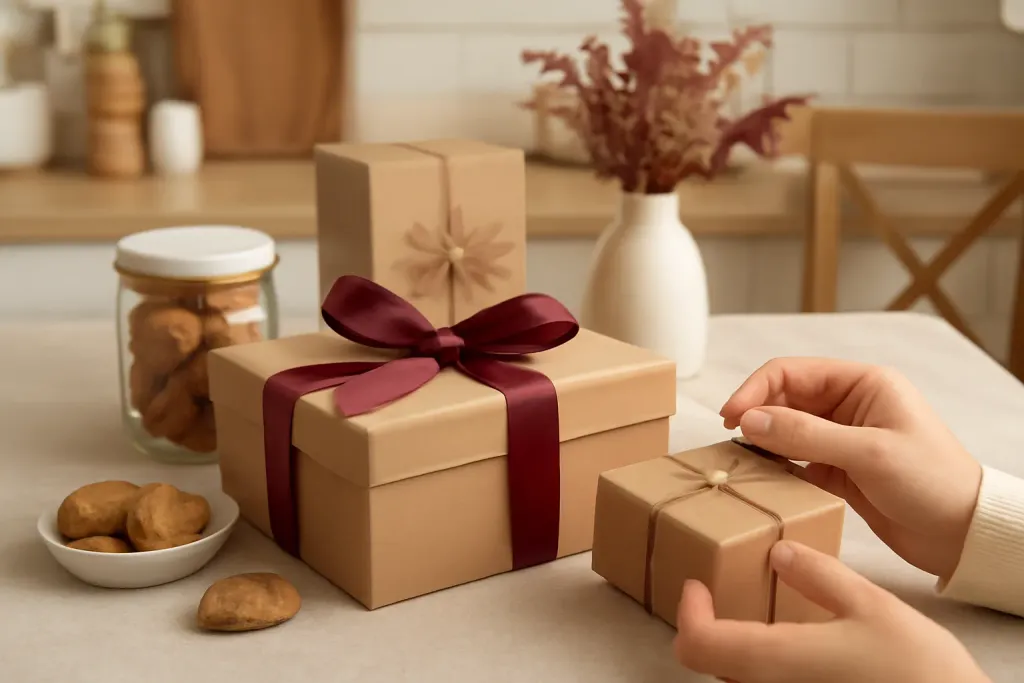 AI-generated editorial photograph (not the exact listing) of a wooden board with spices, a whisk and ribbon-tied kitchen gifts