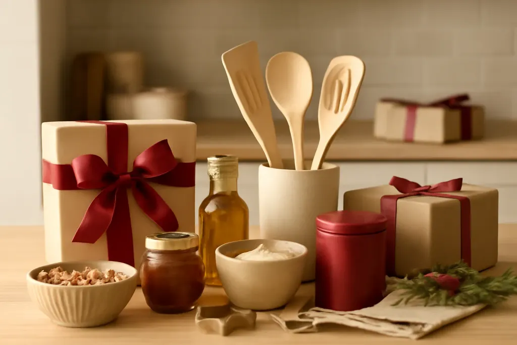 AI-generated editorial photograph (not the exact listing) of Christmas kitchen gifts for a cook wrapped on a wooden counter