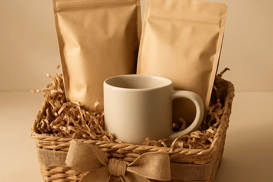 Editorial photograph of a coffee gift basket with bags of beans and a simple mug