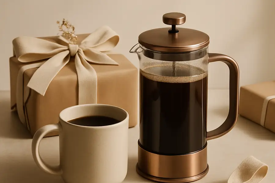 Editorial photograph of a warm coffee-focused gifting scene with a French press and mug