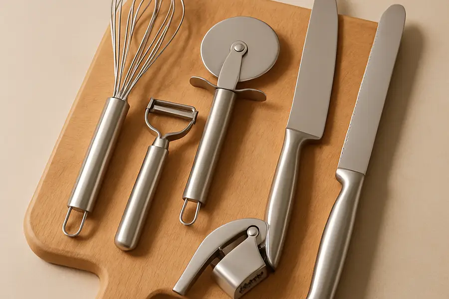 Editorial photograph of a small set of kitchen gadgets arranged on a wooden cutting board