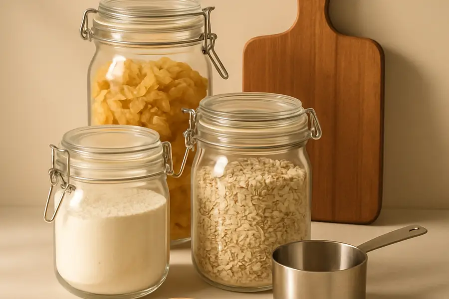 Editorial photograph of a warm kitchen counter with pantry jars and cooking tools