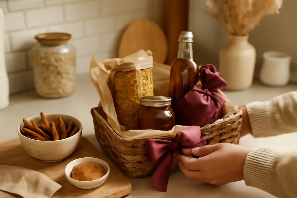 Editorial photograph illustrating Add Cozy Flavor and Pantry Touches from the Cozy Cabin Kitchen Gift Basket guide