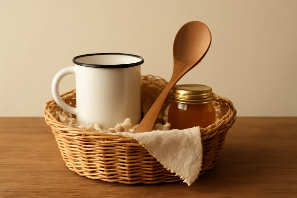 Editorial photograph of a rustic cozy cabin kitchen gift basket with wooden cooking essentials