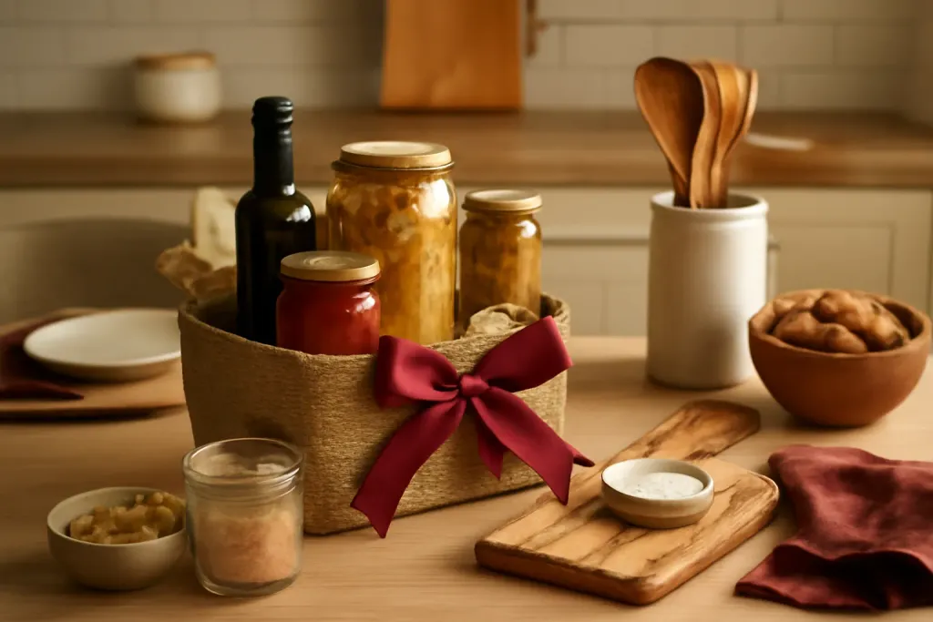 Editorial photograph illustrating Food and Pantry Additions That Add Market Appeal from the Farmers Market Kitchen Gift Basket guide