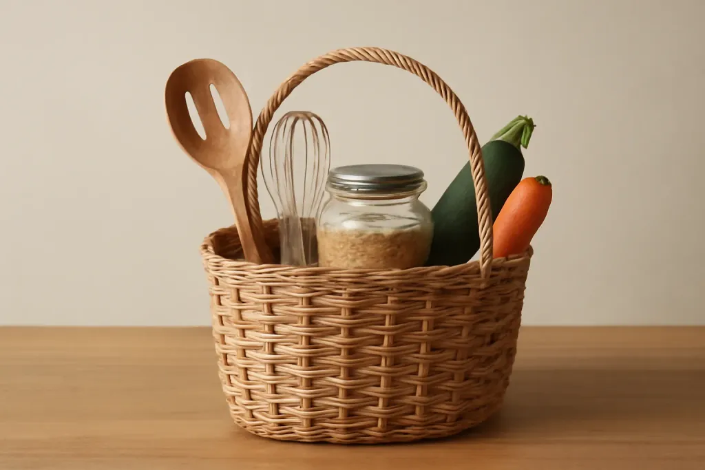 Editorial photograph of a rustic farmers market style kitchen gift basket with tools and fresh produce