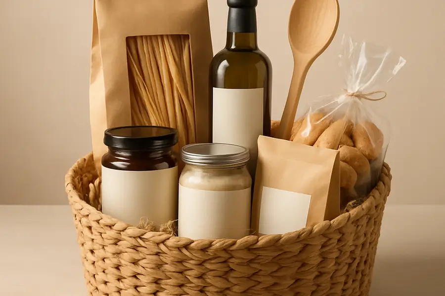Editorial photograph of an assembled kitchen gift basket with jars and packaged goods