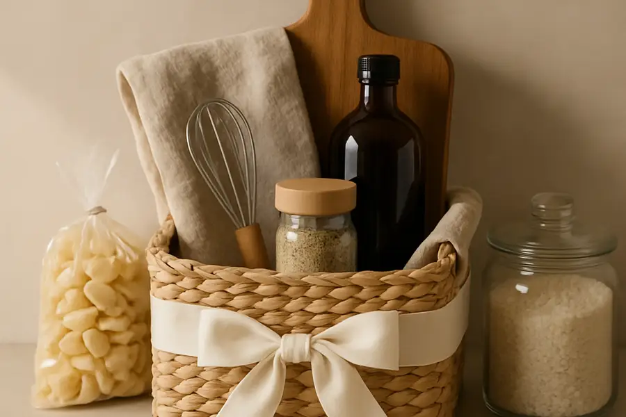 Editorial photograph of a woven gift basket on a kitchen counter surrounded by pantry items