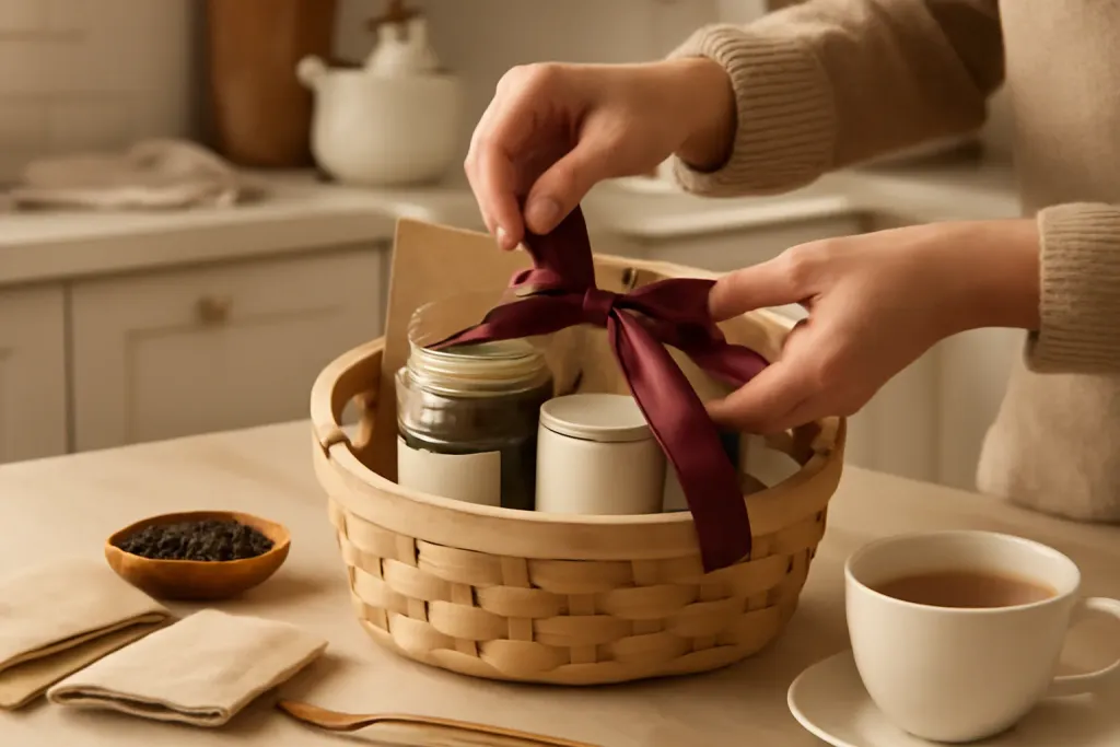 AI-generated editorial photograph (not the exact listing) of a tea infuser and loose-leaf tea beside a small gift basket
