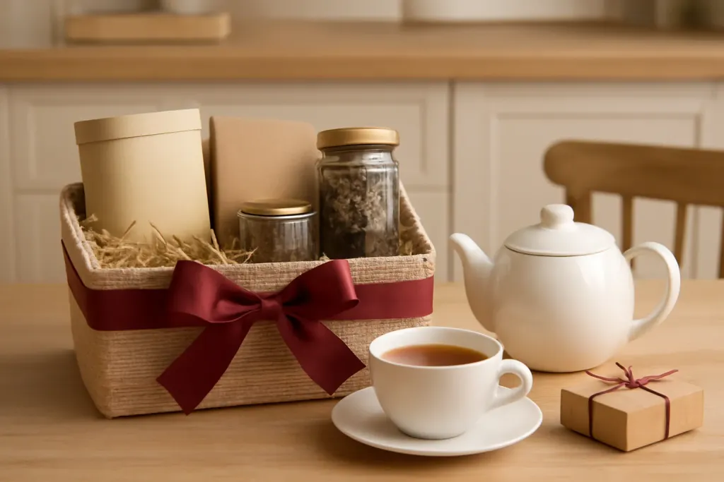 AI-generated editorial photograph (not the exact listing) of a teapot, cup and tea tins arranged on a tray