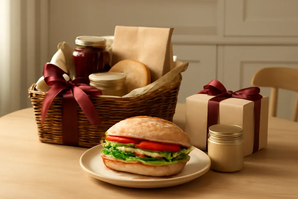 Editorial photograph representing Gourmet Sandwich Gift Basket