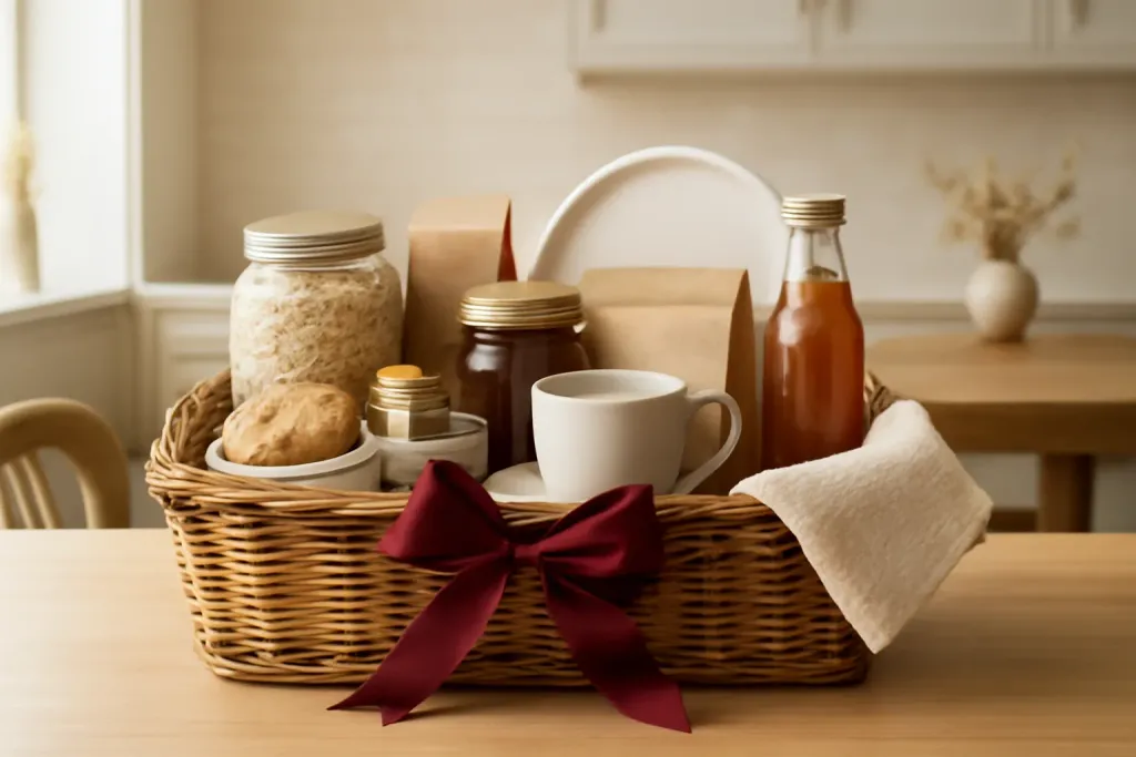 Editorial photograph representing Housewarming Breakfast Gift Basket