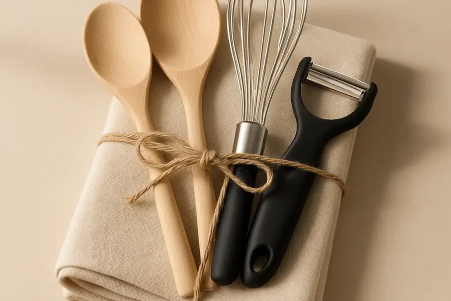 Editorial photograph of a small kitchen starter set arranged for a new-home gift