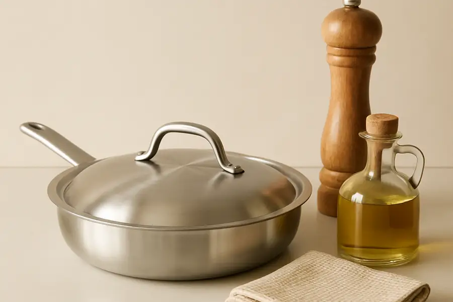 Editorial photograph of a warm new-home kitchen scene with basic cooking essentials