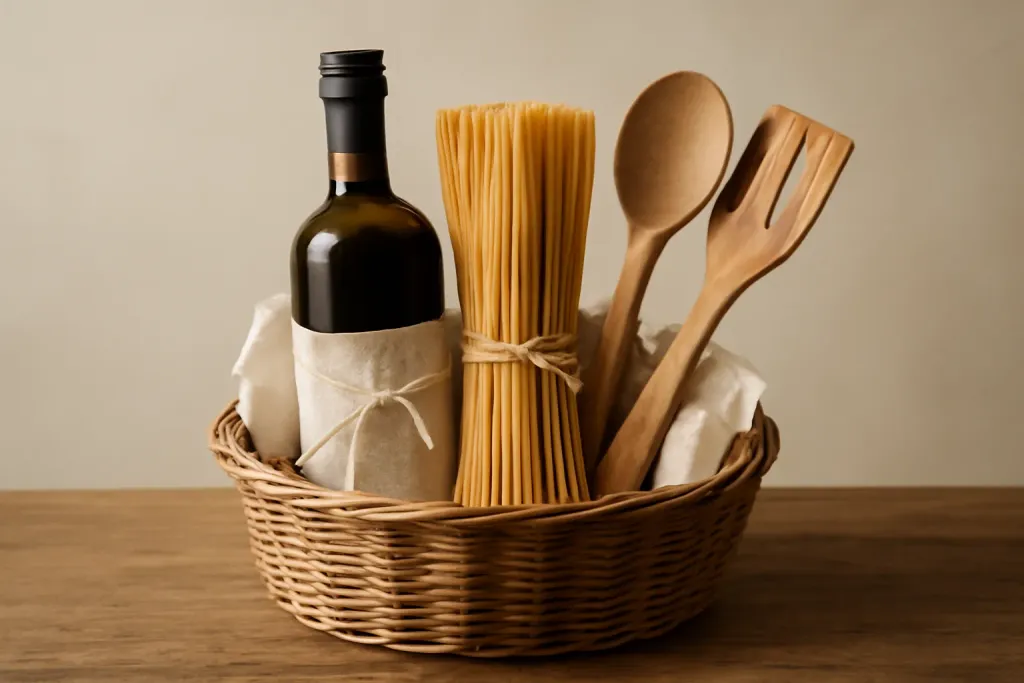 Editorial photograph of an Italian cooking gift basket with olive oil, pasta, and wooden serving tools