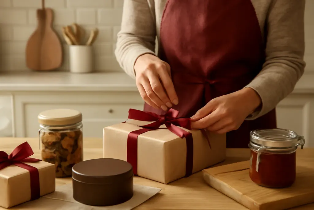 AI-generated editorial photograph (not the exact listing) of small jars of spices, oils and a handwritten card arranged on a wooden tray