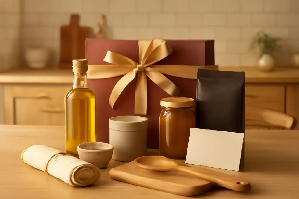 AI-generated editorial photograph (not the exact listing) of a well-stocked home kitchen with a single wrapped gift on the counter