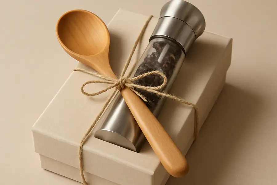 Editorial photograph of a modest, well-chosen kitchen gift set within a moderate budget