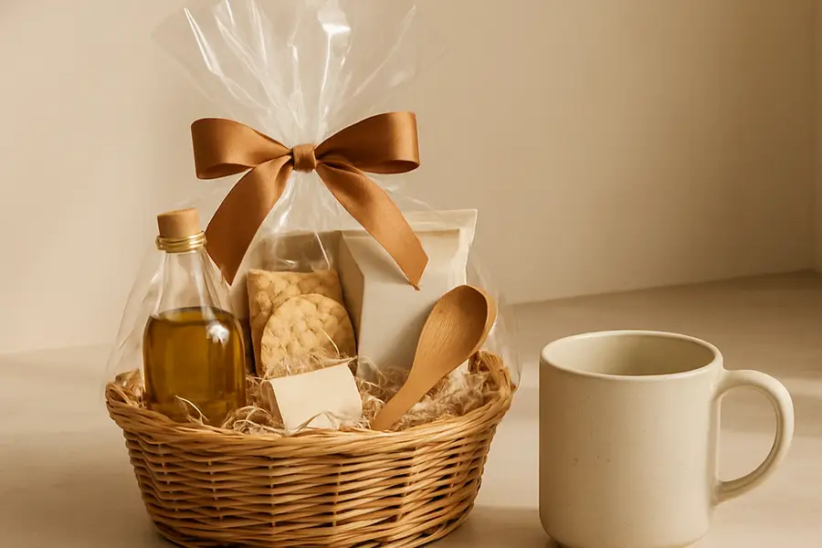 Editorial photograph of a warm kitchen counter with a modest gift basket and a mug