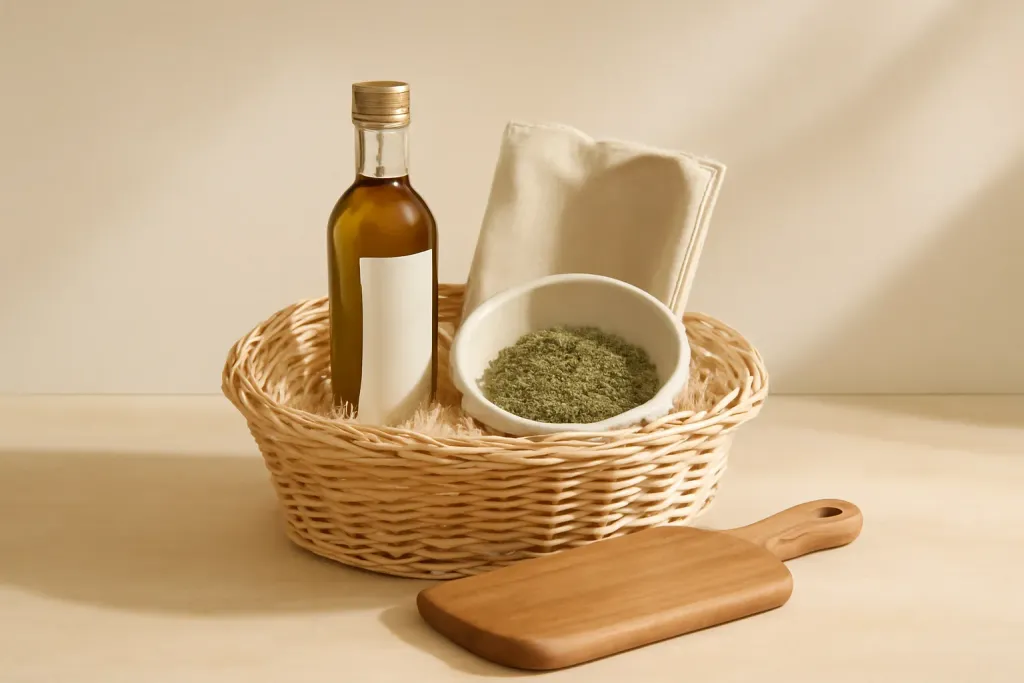 Editorial photograph of a Mediterranean-inspired kitchen gift basket with olive oil, herbs, and serving pieces