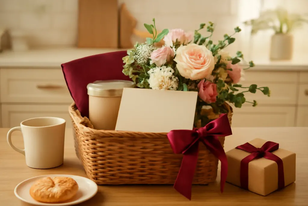 AI-generated editorial photograph (not the exact listing) of a gift basket with tea, jam and a small kitchen tool on a breakfast table