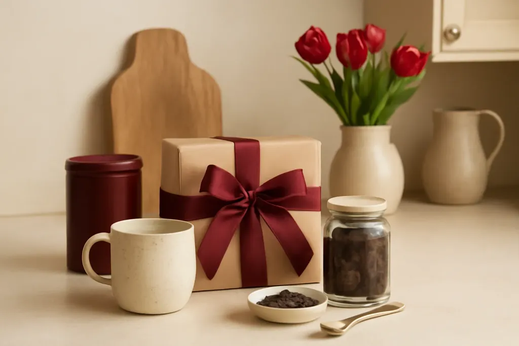 AI-generated editorial photograph (not the exact listing) of a bunch of flowers beside a wooden board, tea and a ceramic baking dish