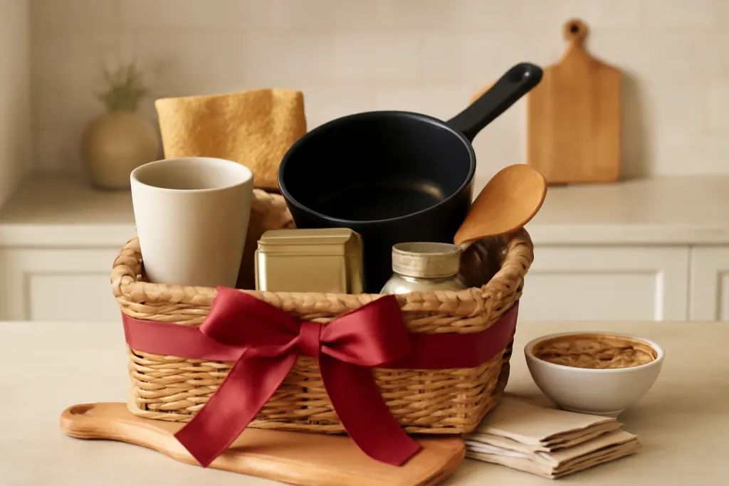 Editorial photograph representing New Parent Kitchen Gift Basket