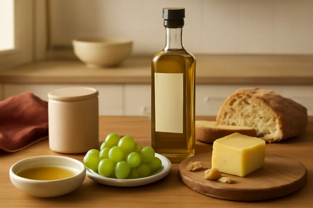 AI-generated editorial photograph (not the exact listing) of olive oil, bread and a small bowl arranged as a gift