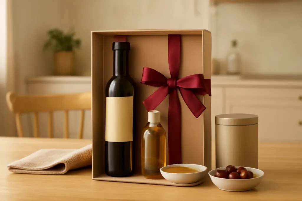 AI-generated editorial photograph (not the exact listing) of dark glass olive oil bottles with a small dipping dish on a wooden board