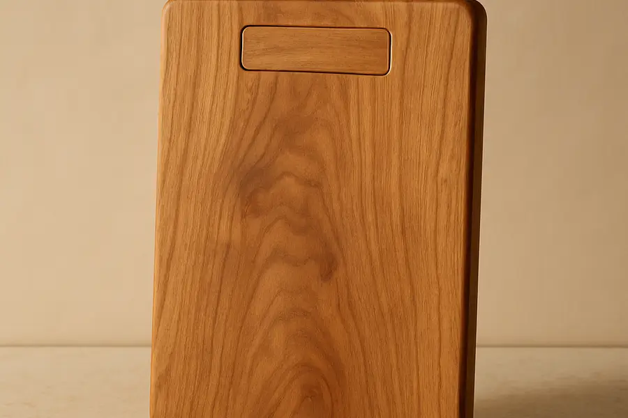 Editorial photograph of a wooden cutting board with a blank engraved area