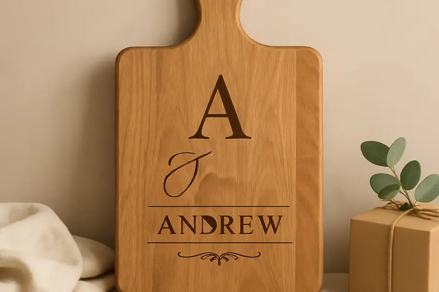 Editorial photograph of a personalized kitchen gift displayed upright on a counter