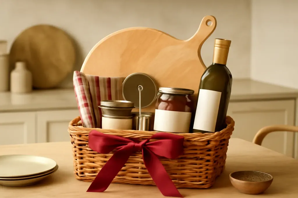 Editorial photograph representing Pizza Night Gift Basket
