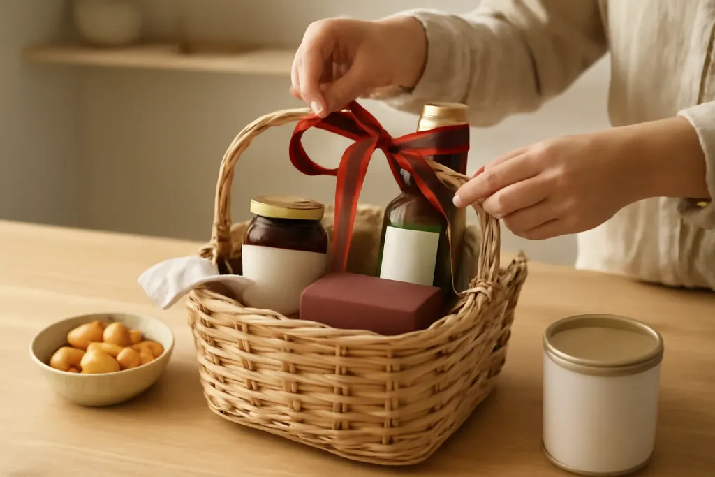 Editorial photograph illustrating How to Build the Basket So It Looks Thoughtful from the Plant Based Cooking Gift Basket guide
