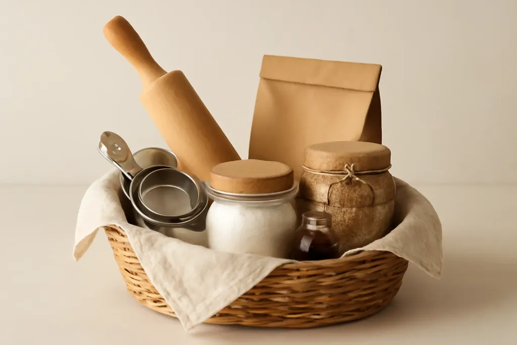 Editorial photograph of a cozy rainy-day baking gift basket with baking tools and pantry ingredients