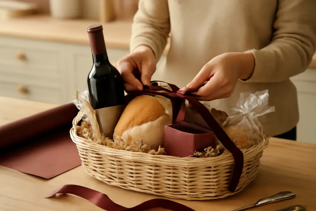 Editorial photograph illustrating How to package the basket from the Slow Cooker Gift Basket Ideas guide