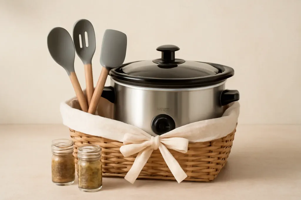 Editorial photograph of a slow cooker themed kitchen gift basket with useful utensils and pantry additions