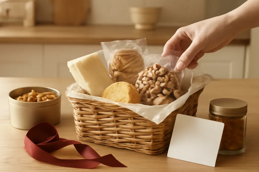 AI-generated editorial photograph (not the exact listing) of snacks being arranged in a gift basket with paper filler