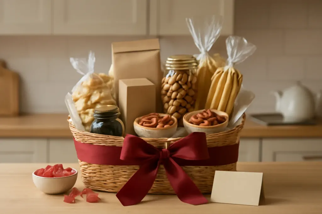 AI-generated editorial photograph (not the exact listing) of a woven basket filled with snacks, nuts and chocolate